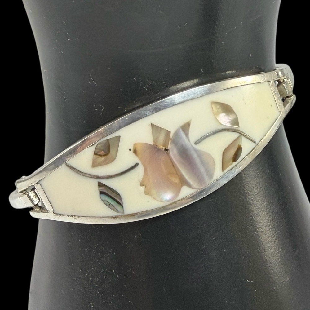 Vintage Peach Purple Blue Tulip Mother of Pearl Inlay Floral Cuff Bracelet